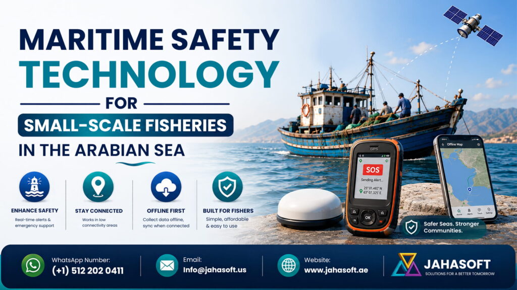 Small-scale fishing boat on the Arabian Sea with a fisherman using an offline maritime safety app on a mobile phone